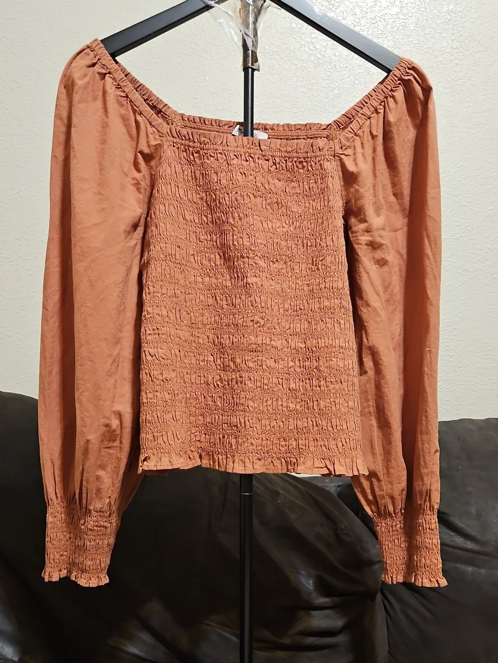 Madewell Brown Smocked Off-Shoulder Blouse
